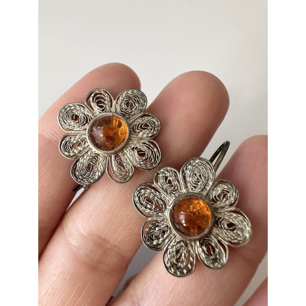 Sterling Silver Filigree Flower Baltic Amber Earrings